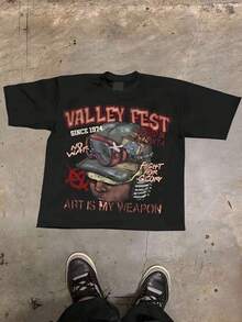 (180 Cotton T-Shirt) Men's Casual Soft 100% Pure Cotton Full Neck Round Neck Short Sleeved T-Shirt With Portrait And Letter Printing