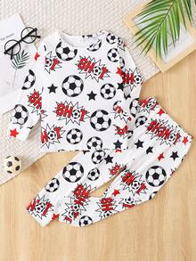 新款男童睡衣套装，卡通星星和足球印花两件套睡衣，男童家居服套装，舒适儿童睡衣套装 - 白色 - 查看 2