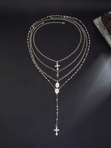 4pcs Vintage Punk Cross Pendant Necklaces, Men's Personalized Hip-Hop Metal Beaded Y-Necklace, Suitable For Casual, Party, Couple Jewelry, Holiday Gift