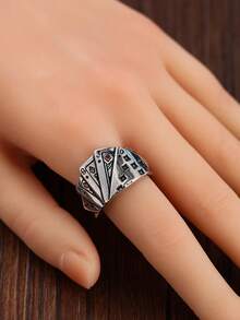 1 件复古男士可调节戒指，时尚个性化夸张扑克牌设计派对配饰（轻微色差） - 復古銀色 - 查看 2