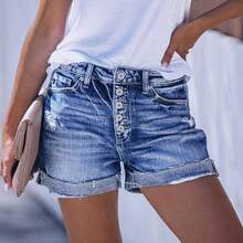 Women Casual Ripped Medium Waisted Denim Shorts, Washed Cuffed Hem Denim Hot Short Summer Autumn Jean Shorts - 深藍色 - 查看 3