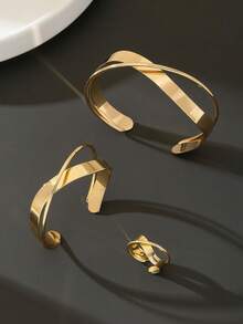 1 Bộ vòng tay kim loại tối giản thời trang nữ, 1 nhẫn, 1 vòng tay, thích hợp cho hàng ngày, hẹn hò, ngày lễ, làm quà tặng - Vàng - Xem 2