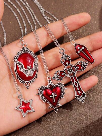 1 colar estilo gótico moderno com pingentes de caixão de strass vermelho, coração, morcego, cruz e estrela, joia punk exclusiva para mulheres, adequada para festas, uso em feriados