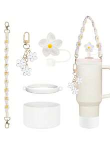 5 Piezas de Accesorios para Tazas - Tapa con Pajita Antifugas 2 en 1 y Juego de Botas & Cadena de Flores & Correa de Transporte con Flores para Tumblers de 30/40oz | Funda de Silicona | Sorbos a Prueba de Derrames para Senderismo, Trayectos y Portavasos de Coche (Rosa/Morado/Blanco)