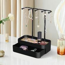 Jewelry Holder Organizer, Jewelry Display Stand With Metal Holder And Plastic Tray, Black Double-Layer