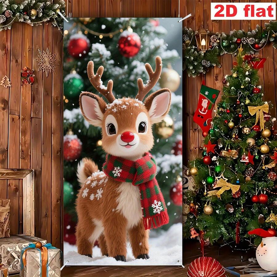 1 pieza Bandera plana de Navidad para puerta, decoración colgante de puerta navideña, decoración de puerta interior/principal, bandera de Año Nuevo, cortina de puerta de Navidad con renos, decoración de cortina de puerta para fiesta, fibra de poliuretano resistente al desgaste, sin electricidad requerida, con orificios para colgar fácilmente