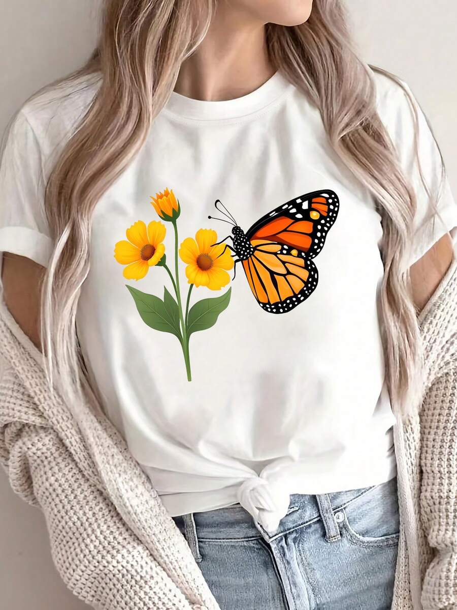 1pc Women's Casual Summer T-Shirt With Round Neck, Butterfly And Flower Print, Breathable Cotton Fabric, Regular Length - All Seasons - 白色的 - 查看 1