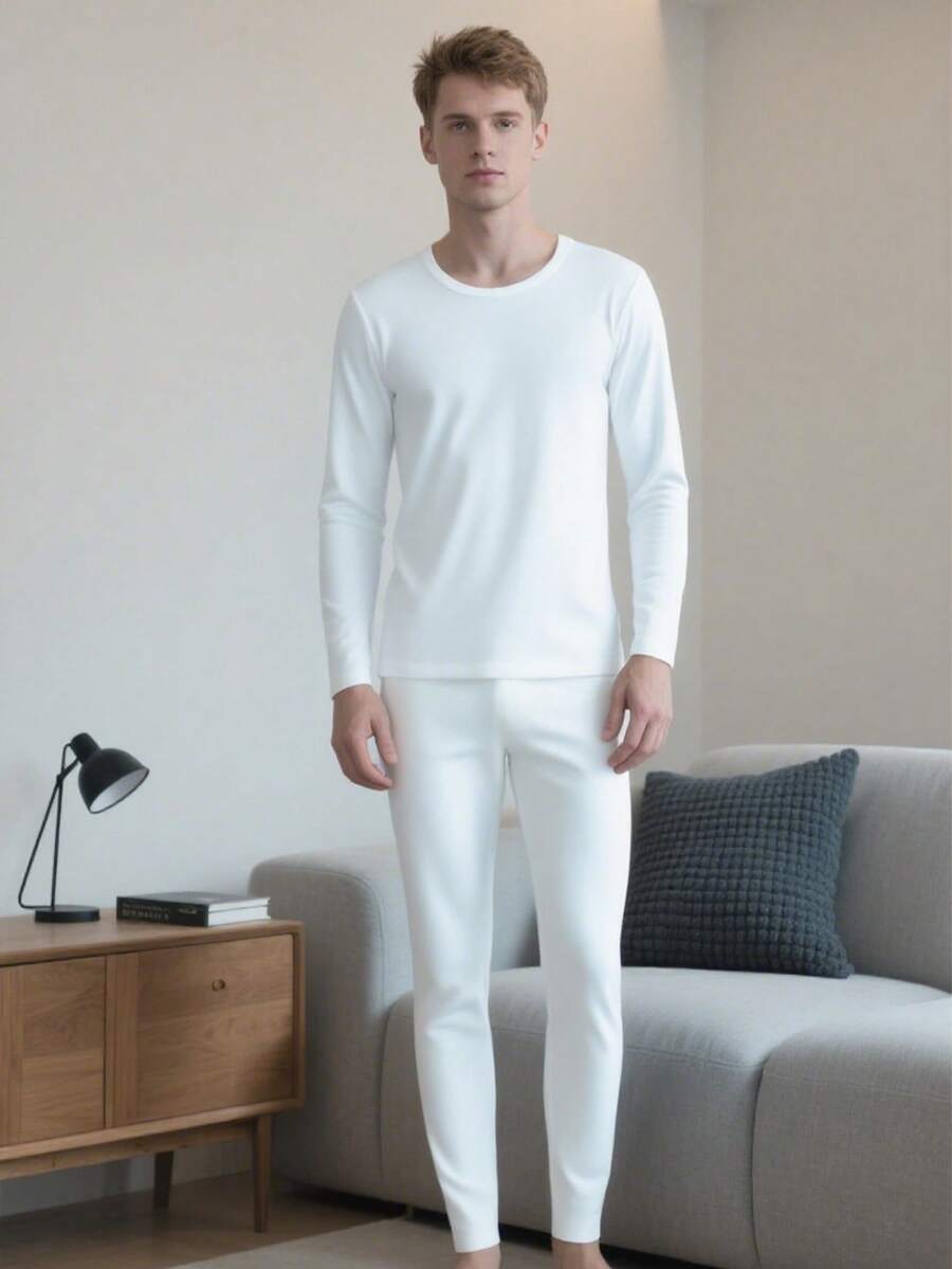 A 2-Piece Men's Winter Fleece Warm Tight Round-Neck Long-Sleeved Top And Thick Fleece Lining Warm Pants Set - White - View 1