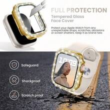1pc Fashionable Attractive Sparkling Crystal Rhinestone Decorated 2-In-1 Anti-Fall Ultra-Thin Tempered Glass Protection Case Compatible With Apple Watch 38/40/41/42/44/45/46mm, Compatible With Apple Watch SE/10/9/8/7/6/5/4/3/2/1 Series, Smartwatch Case Accessory, For Women And Men
