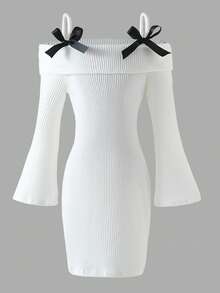 Girls' Sweet Lady Fitted Corduroy Off-Shoulder Slip Dress, Flare Sleeve Design, Cute Bow Detail, Suitable For Party, Outing And Daily Wear - White - View 2