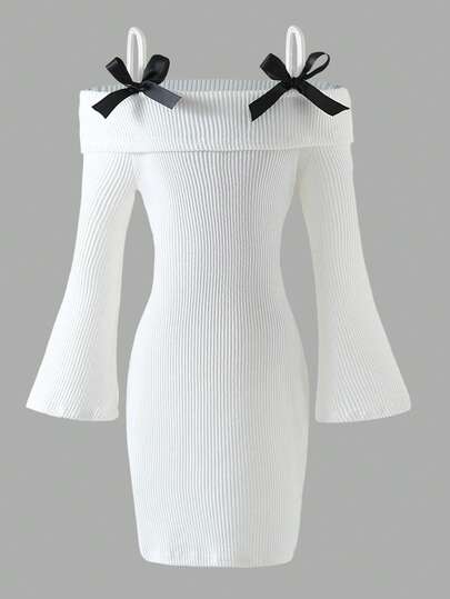 Söt och figurnära klänning i manchester med off-shoulder-mönster för flickor, med utsvängda ärmar, söt rosettdetalj, lämplig för fest, utflykt och vardagsbruk