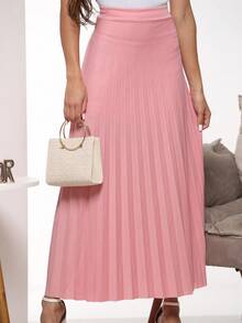 Long Pleated Skirt, Plain, Fashion 2025 - Pink - View 4