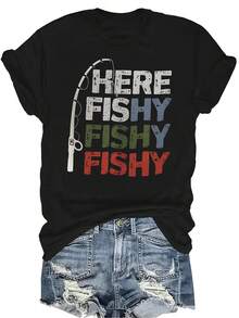 Camiseta de pesca para mujer y unisex, de verano, casual, transpirable, con cuello redondo, manga corta, estilo urbano y versátil, adecuada para adolescentes y adultos - Negro - Ver 1