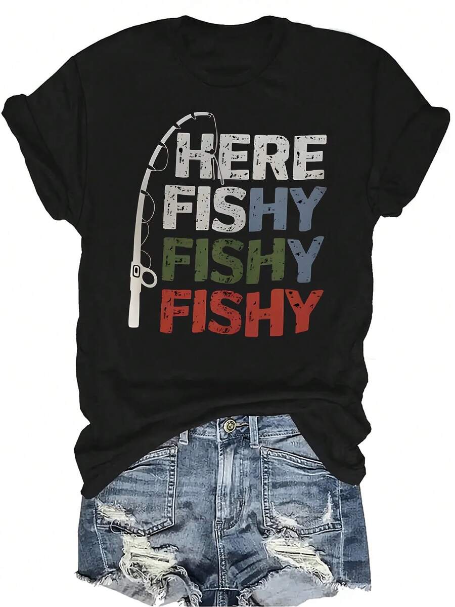 Camiseta de pesca para mujer y unisex, de verano, casual, transpirable, con cuello redondo, manga corta, estilo urbano y versátil, adecuada para adolescentes y adultos - Negro - Ver 1