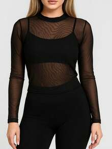 Women's Long Sleeve Tulle Blouse With High Neck Transparent Elegant - Casual Fashion And Fashion Simple Transparent None Holiday Evening All Seasons - 黑色 - 查看 3
