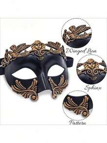 情侣化妆舞会面具 - 罗马和希腊风格黑金男士面具和威尼斯金属女士面具，蕾丝优雅女士面具，适合万圣节、狂欢节、情人节、圣诞节、威尼斯节日、角色扮演、时尚活动、时装秀、化妆舞会主题派对和晚宴活动，情侣服装派对装饰，主题活动配饰，精美图案设计金属质感 - 金色 - 查看 5