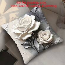 2D Printed, Non-Embroidered Elegant White Rose Throw Pillow Cover - Gray & White Abstract Floral Design, Zippered, Machine Washable Polyester, 17.7x17.7 Inches - For Living Room, Bedroom, Car Seat Decor (Pillow Insert Not Included), Decorative Cushion Cover - Black and White - View 5