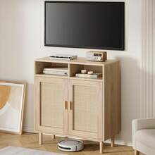 Aparador moderno de ratán de 91 cm con dos puertas, estante, mueble de TV estilo bohemio y barra de café para comedor, cocina y entrada.