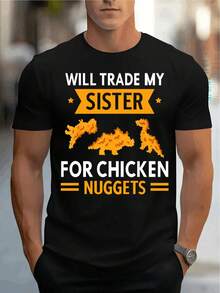 CAMISETA PARA HOMBRE WILL TRADE MY SISTER FOR CHICKEN NUGGETS, cómoda, cuello redondo, casual, de algodón, de manga corta, suave y transpirable, ropa de hombre, camiseta de verano y primavera, tela de algodón, impresión de letras de moda - Negro - Ver 2