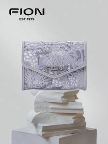 FION Embroidered Short Wallet Flap Wallet Cute Small Coin Purse Leather RFID Blocking Wallet For Women With Card Holder Case Short Wallet - Baby Blue - View 1