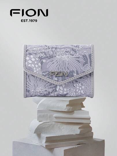 FION Embroidered Short Wallet Flap Wallet Cute Small Coin Purse Leather RFID Blocking Wallet For Women With Card Holder Case Short Wallet