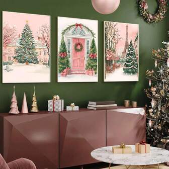 3 Pieces Set, Winter Christmas Posters, Christmas Tree Art Prints, Girl Pink Bedroom Mural, Snowy Day Posters, Home Decoration Hanging Pictures,Room Decoration, Murals Suitable For Living Rooms, Bedrooms, Kitchens, Dining Rooms And Offices, Gallery Art, Canvas Wall Arts, Perfect Festival Gifts, Fall Posters, Festival Party Decorations,Wall Decorative Paintings,Autumn And Winter Posters,Unframed