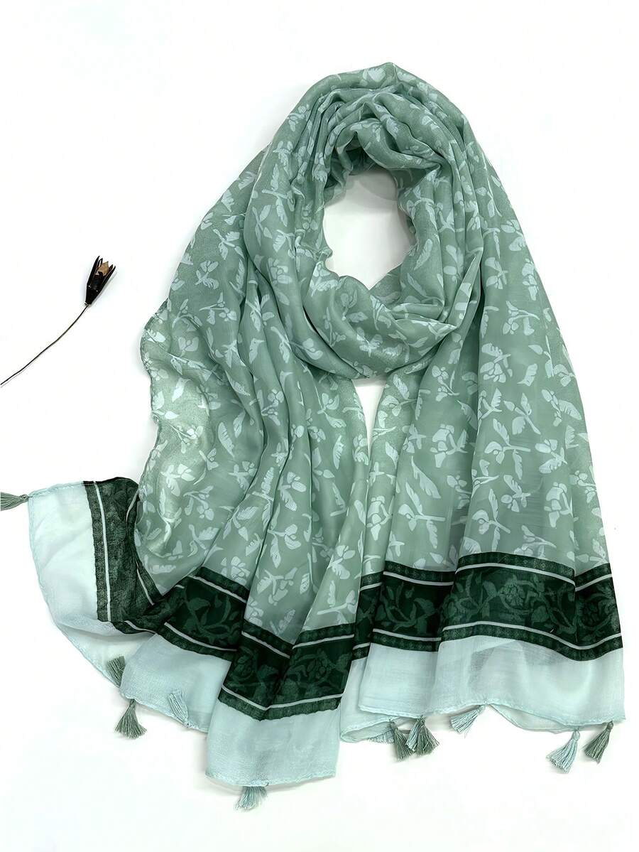 1pc Simple Printed Scarf, Lightweight & Breathable With Tassels, Elegant & Fashionable Design, Versatile Women Silk Scarf For Spring/Summer, Vibrant Color, Large Size For Outdoor, Beach, Headwrap For Dress,Holiday,Accessories,Travel Essential - Olive Green - View 1