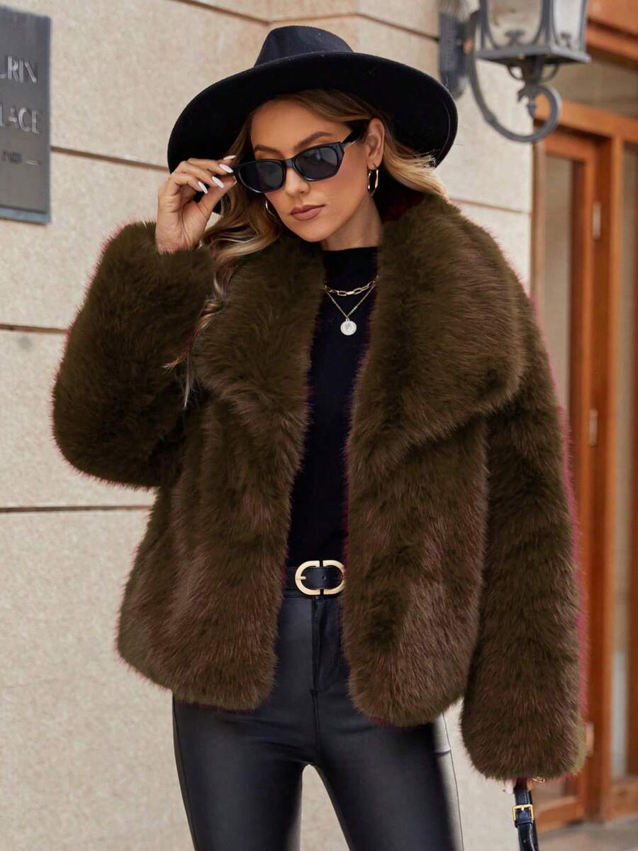 ZIAI ZIAI Women's Vintage Style Open Front Faux Fur Collar Coat, Fashionable Loose Casual Long Sleeve Lapel Jacket Winter Thick Warm Outerwear Oversize Style For Winter