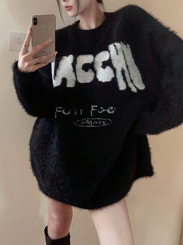 Casual Chic Fall/Winter Women's Vintage Japanese-Style Oversized Sweater - Black And White Letter Print Round Neck Pullover, Relaxed Fit, Soft To The Touch
