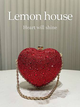 1pc Glamorous Sparkling Red Rhinestone Heart Shaped Clutch Bag, Cute Mini Heart Glitter Asymmetrical Handbag, Suitable For Evening Party, Wedding, Banquet, Celebration Events, Great Gift For Women, Valentine's Day
