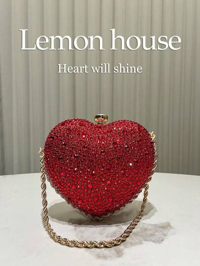 1pc Glamorous Sparkling Red Rhinestone Heart Shaped Clutch Bag, Cute Mini Heart Glitter Asymmetrical Handbag, Suitable For Evening Party, Wedding, Banquet, Celebration Events, Great Gift For Women, Valentine's Day