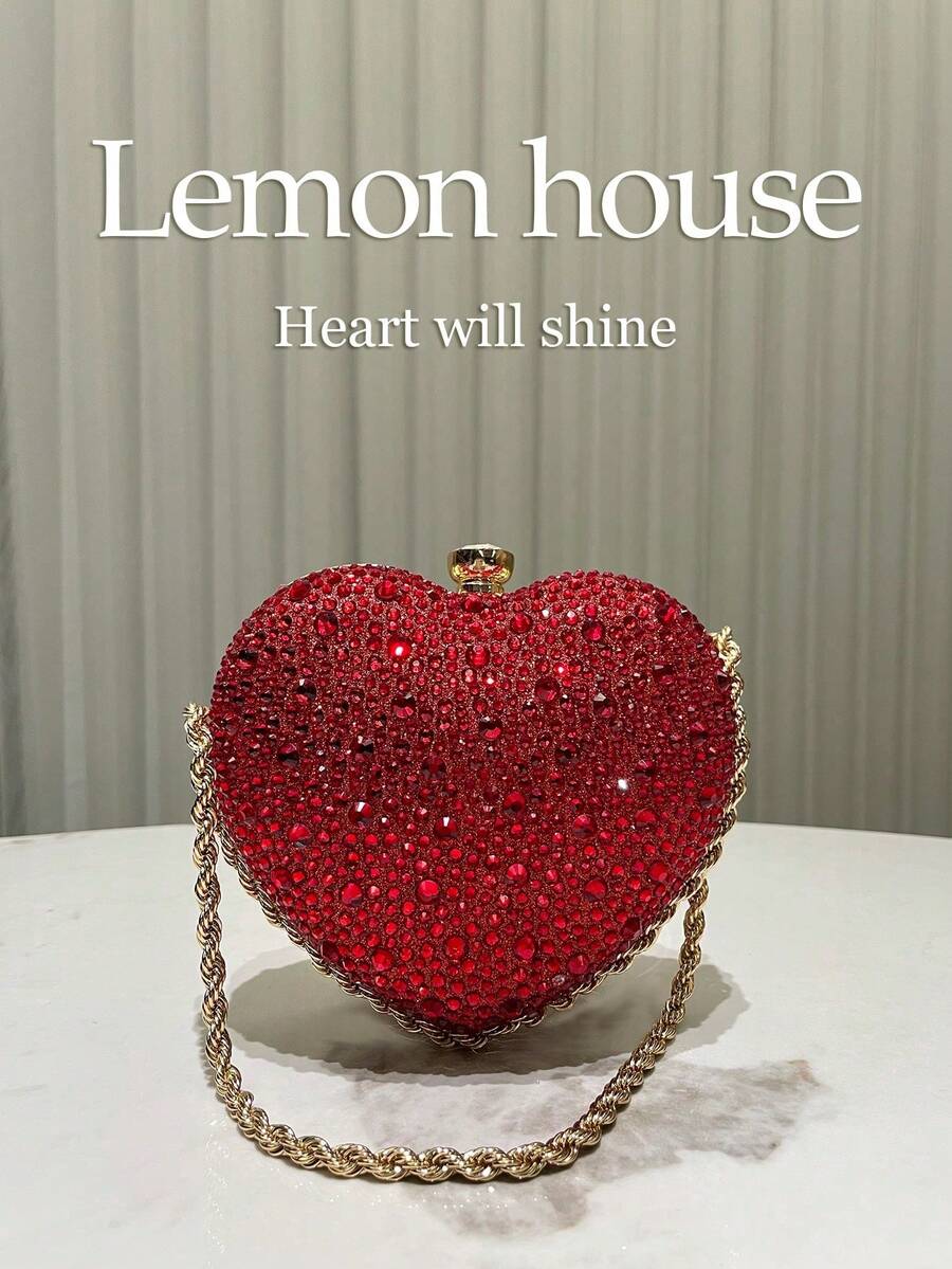 1pc Glamorous Sparkling Red Rhinestone Heart Shaped Clutch Bag, Cute Mini Heart Glitter Asymmetrical Handbag, Suitable For Evening Party, Wedding, Banquet, Celebration Events, Great Gift For Women, Valentine's Day - Red - View 1