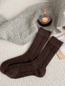 1/3 双女士羊毛混纺纯色麻花针织中筒袜，温暖时尚，适合秋冬日常穿着 - 彩色 - 查看 18