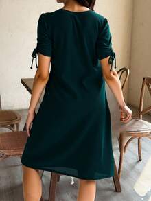 Vestido maternidad dama mujer liso escote redondo mangas fruncidas moño largo sobre rodilla relajado suave casual fresco verano primavera diario salidas - Verde - Ver 2