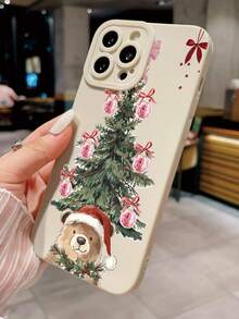 1 pieza Funda de teléfono suave beige con diseño personalizado de sombrero de Papá Noel y oso, compatible con iPhone 16/16Pro/16Plus/15/15ProMax/15Pro/11/12/13/14ProMax/12Mini/13Mini/11Pro/11ProMax/12Pro/12ProMax/13Pro/13ProMax/14Pro/14ProMax, diseño creativo de alta gama