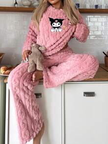 SANRIO Bộ 2 áo nỉ dày tay dài rộng rãi cho nữ + quần dài thoải mái mặc nhà mềm mại, quần áo thu/đông - Bụi hồng - Xem 5