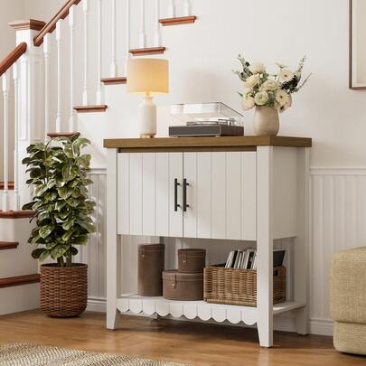 31.7" Entryway Table Console Table, Farmhouse Narrow Sofa Table, Coffee Bar Cabinet With 2 Doors,  W/Open Storage, Buffet Cabinet Sideboard For Living Room, Entryway, Foyer White