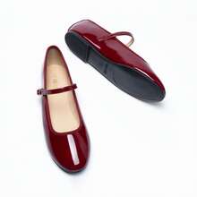 Women's Ballet Mary Jane Flats Buckle Strap Round Toe Leather Slip-On Comfortable Versatile Shoes - 酒紅色 - 查看 3