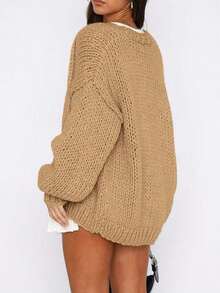 Women's Fall Open Front Cardigan Sweaters Long Sleeve Loose Fit Chunky Knit Outerwear  Casual Outfits - 卡其色 - 查看 2