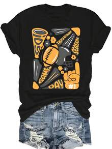 Camiseta de Día de Juego de Fútbol ¡Vamos! Camiseta de mujer y unisex de verano, casual, transpirable, de personalidad, de cuello redondo, de manga corta, de ropa urbana, versátil, adecuada para adolescentes y adultos - Negro - Ver 1