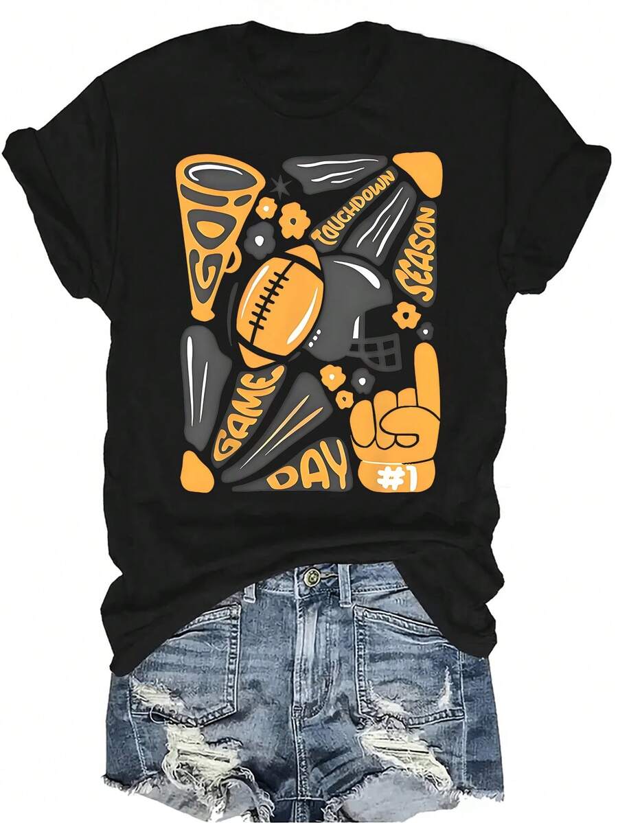Camiseta de Día de Juego de Fútbol ¡Vamos! Camiseta de mujer y unisex de verano, casual, transpirable, de personalidad, de cuello redondo, de manga corta, de ropa urbana, versátil, adecuada para adolescentes y adultos - Negro - Ver 1