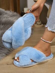 女士交叉仿皮毛拖鞋，超大兔毛时尚跨境拖鞋 - 藍色 - 查看 3