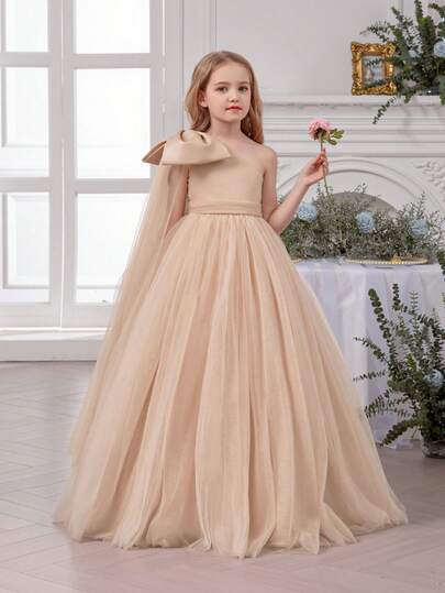 少女金色肩部网纱蝴蝶结优雅圣诞派对礼服，公主裙，适合女孩生日礼物、派对、婚礼花童、伴娘、感恩节、毕业典礼等场合