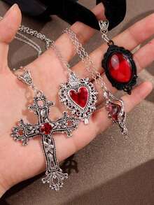 1pc Fashion Gothic Style Rhinestone Heart, Cross, Thorn Heart Pendant Necklace, Unique Punk Jewelry For Women, Suitable For Party, Holiday Wear