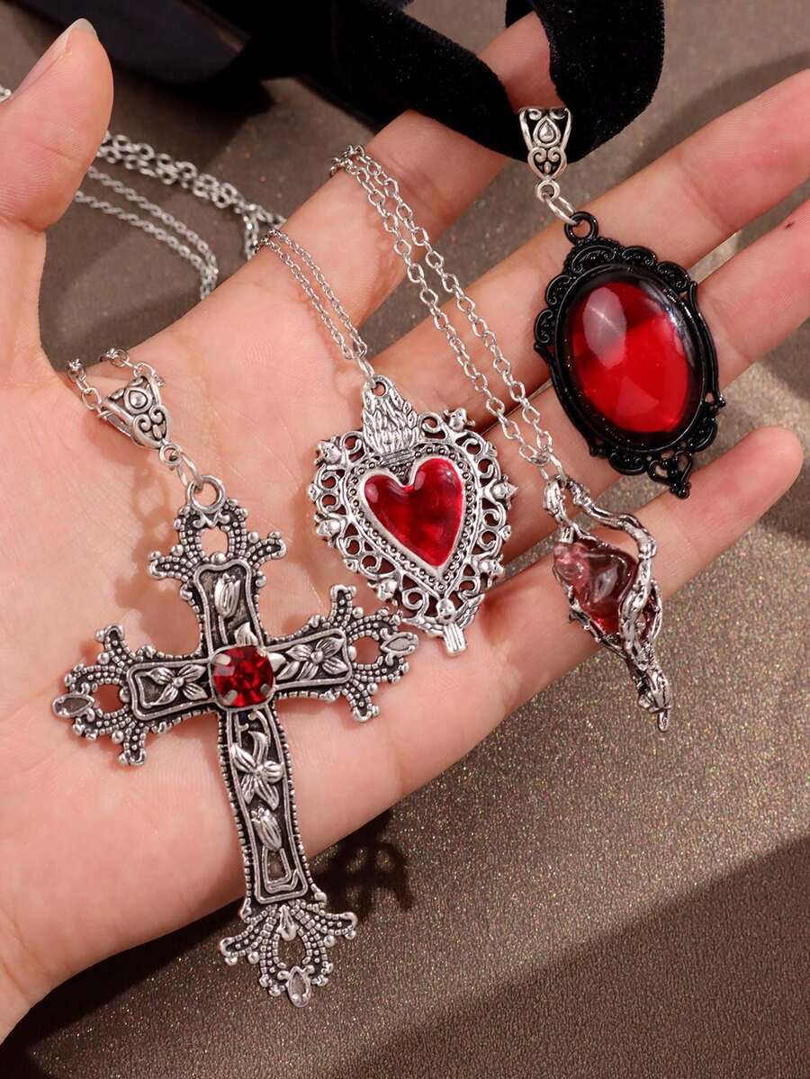 1pc Fashion Gothic Style Rhinestone Heart, Cross, Thorn Heart Pendant Necklace, Unique Punk Jewelry For Women, Suitable For Party, Holiday Wear