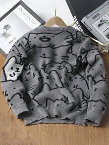 1 Áo len cổ tròn in hình mèo cho bé trai tuổi teen, áo chui đầu dài tay dáng rộng trễ vai, họa tiết khối màu xám đậm Academia Friends, áo len họa tiết, áo len họa tiết nam - Xám - Xem 2