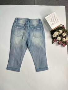 Women's Elegant Casual Ripped Cuffed Capri Jeans, Suitable For Commuting And Outings In Autumn - Baby Blue - View 6