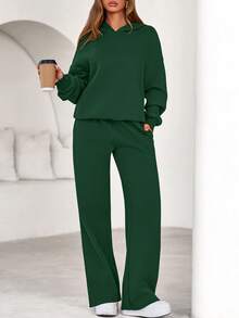 Womens Sweatsuits 2 Piece Set Casual Winter Long Sleeve Hoodie Loose Wide Leg Sweatpants Fall Tracksuit Spring Fall Clothes For Women Valentine Vacation Outfits Women - Xanh đậm - Xem 6