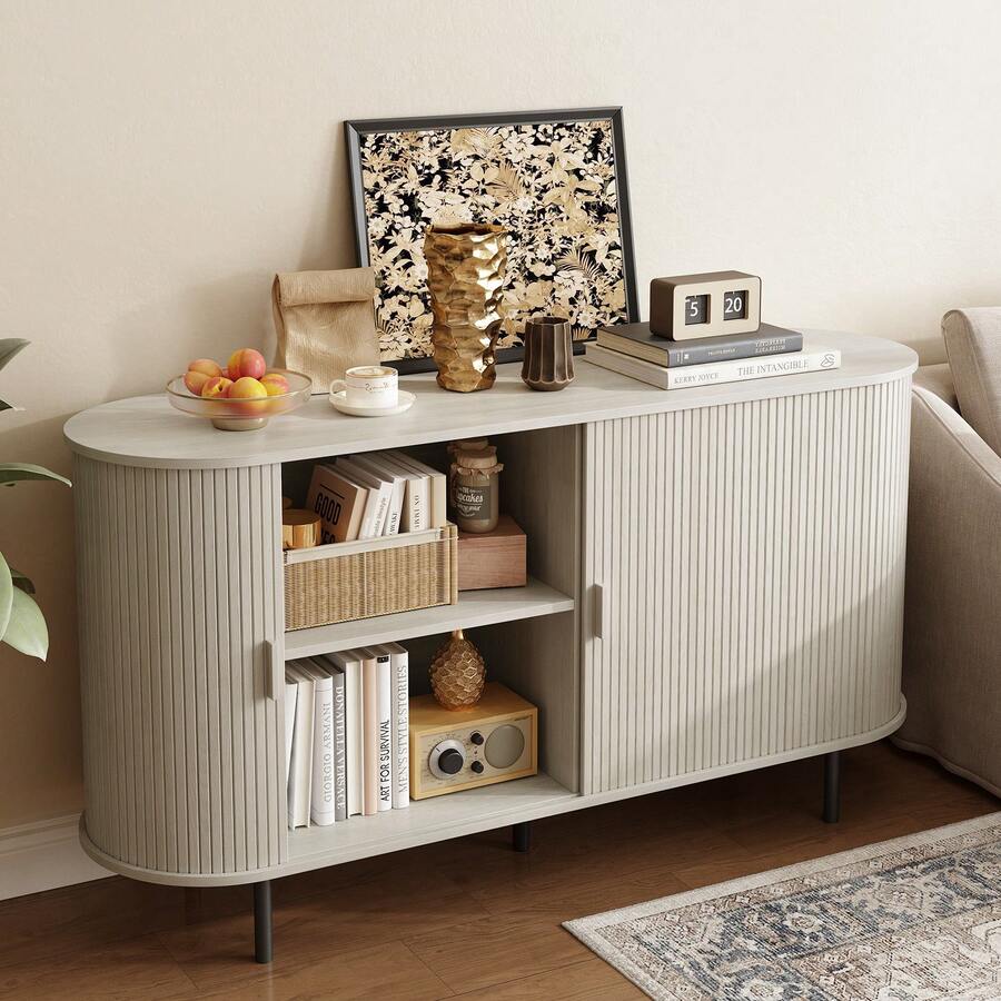 ONBRILL Sideboard Buffet Cabinet With Sliding Door, Fluted Cabinet With Adjustable Shelf, Wood Fluted Sideboard, Modern Accent Coffee Bar Console Table For Kitchen, Entryway, Living Room, White - 白色 - 查看 1