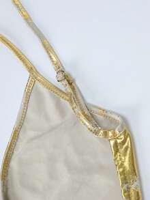 UREREM 女士夏季新款金属色露背V领时尚优雅百搭连衣裙，腰部系带无肩带吊带裙，适合约会、外出、度假、婚礼、派对、嘉年华、复活节、音乐节、慕尼黑啤酒节等场合。110克轻盈梭织面料，性感金属质感派对连衣裙 - 杏色 - 查看 8